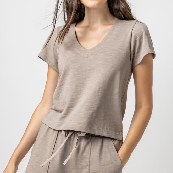 Pleated Cap Sleeve V-Neck Womens Top Driftwood A2