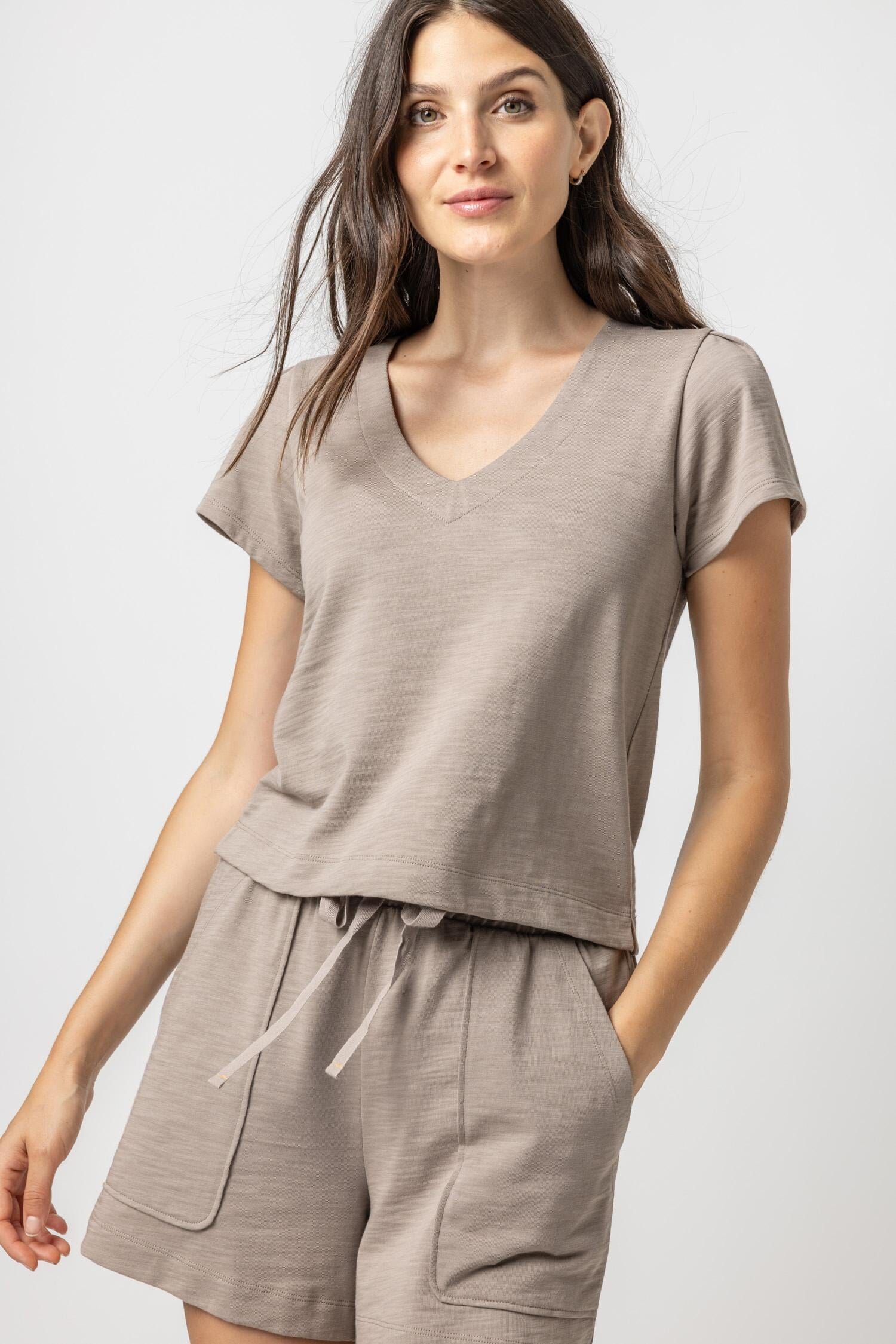 Pleated Cap Sleeve V-Neck Womens Top Driftwood A2