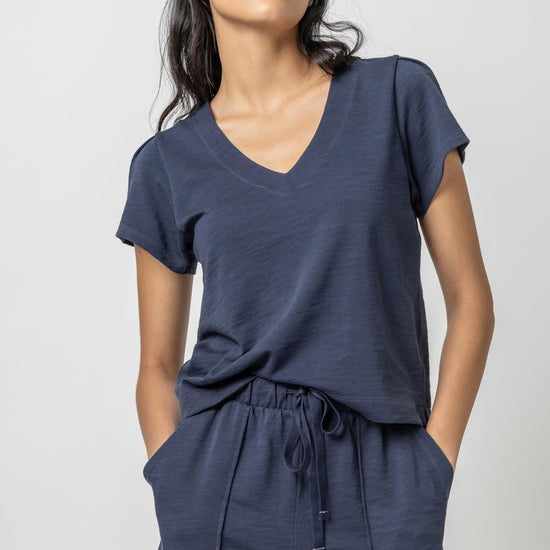 Pleated Cap Sleeve V-Neck Womens Top Navy A1