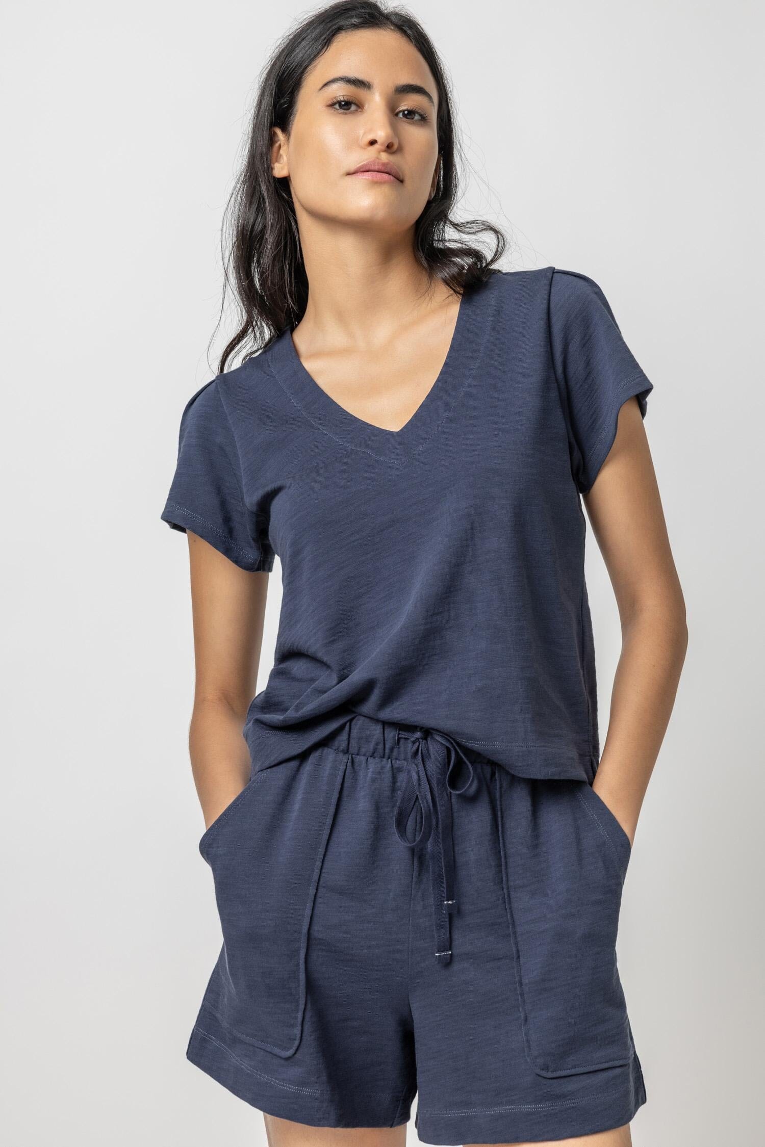 Pleated Cap Sleeve V-Neck Womens Top Navy A1