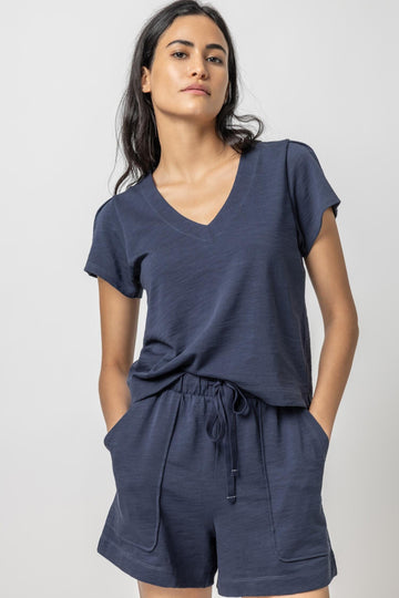 Pleated Cap Sleeve V-Neck Womens Top Navy A1