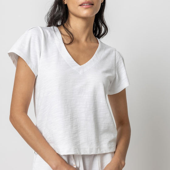 Pleated Cap Sleeve V-Neck Womens Top White A1