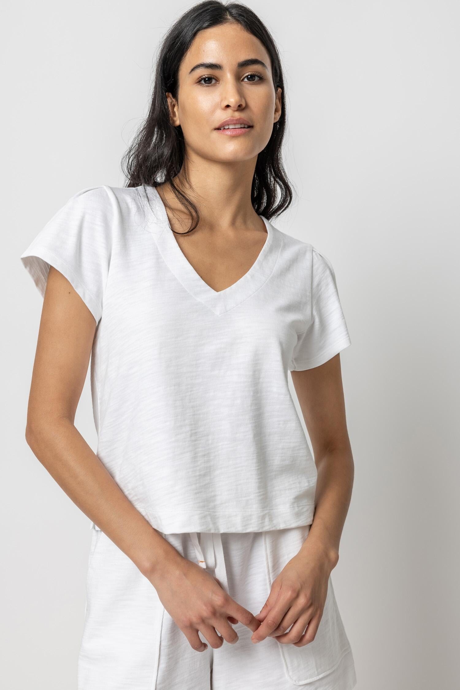 Pleated Cap Sleeve V-Neck Womens Top White A1