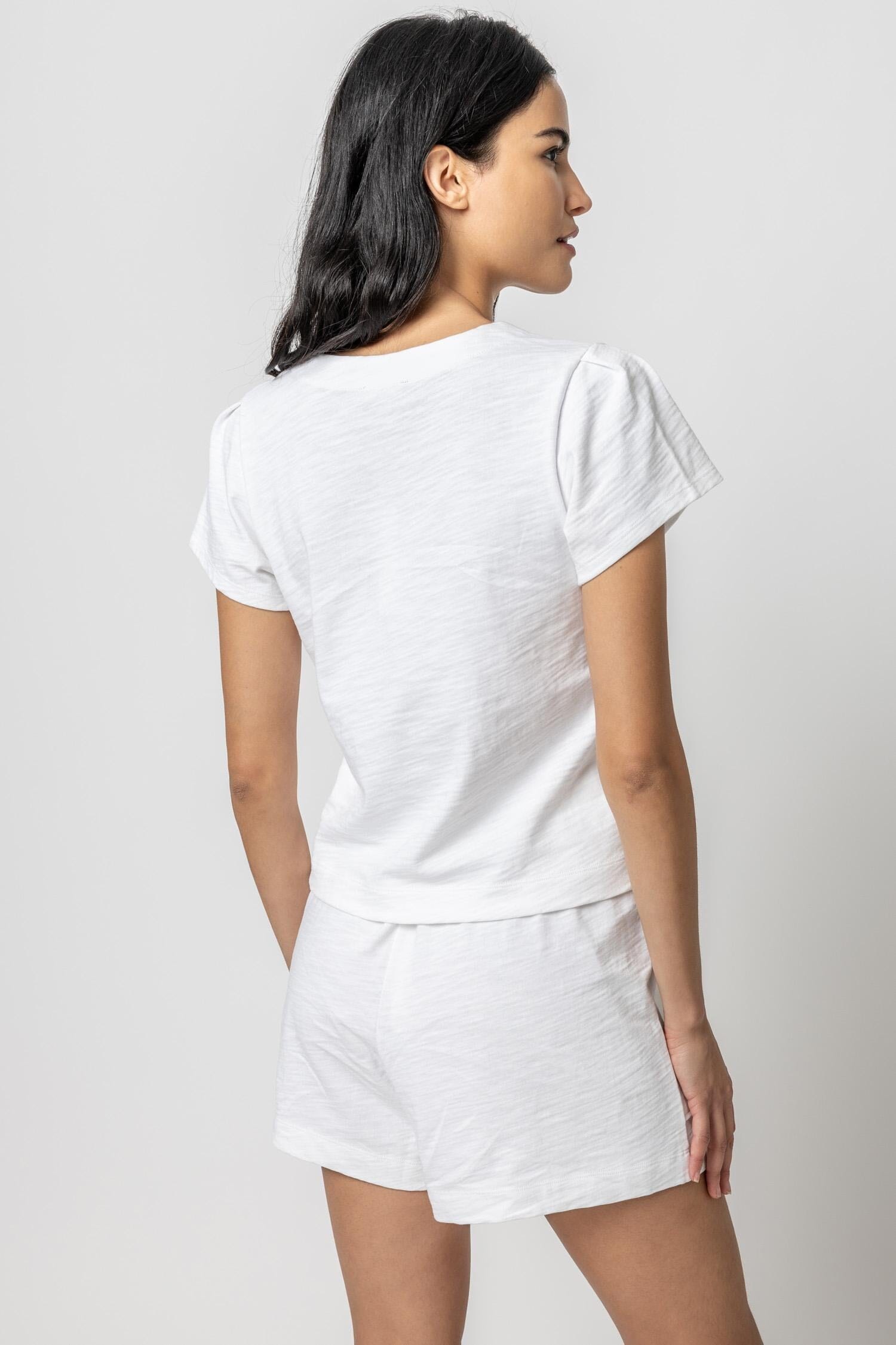 Pleated Cap Sleeve V-Neck Womens Top White A2