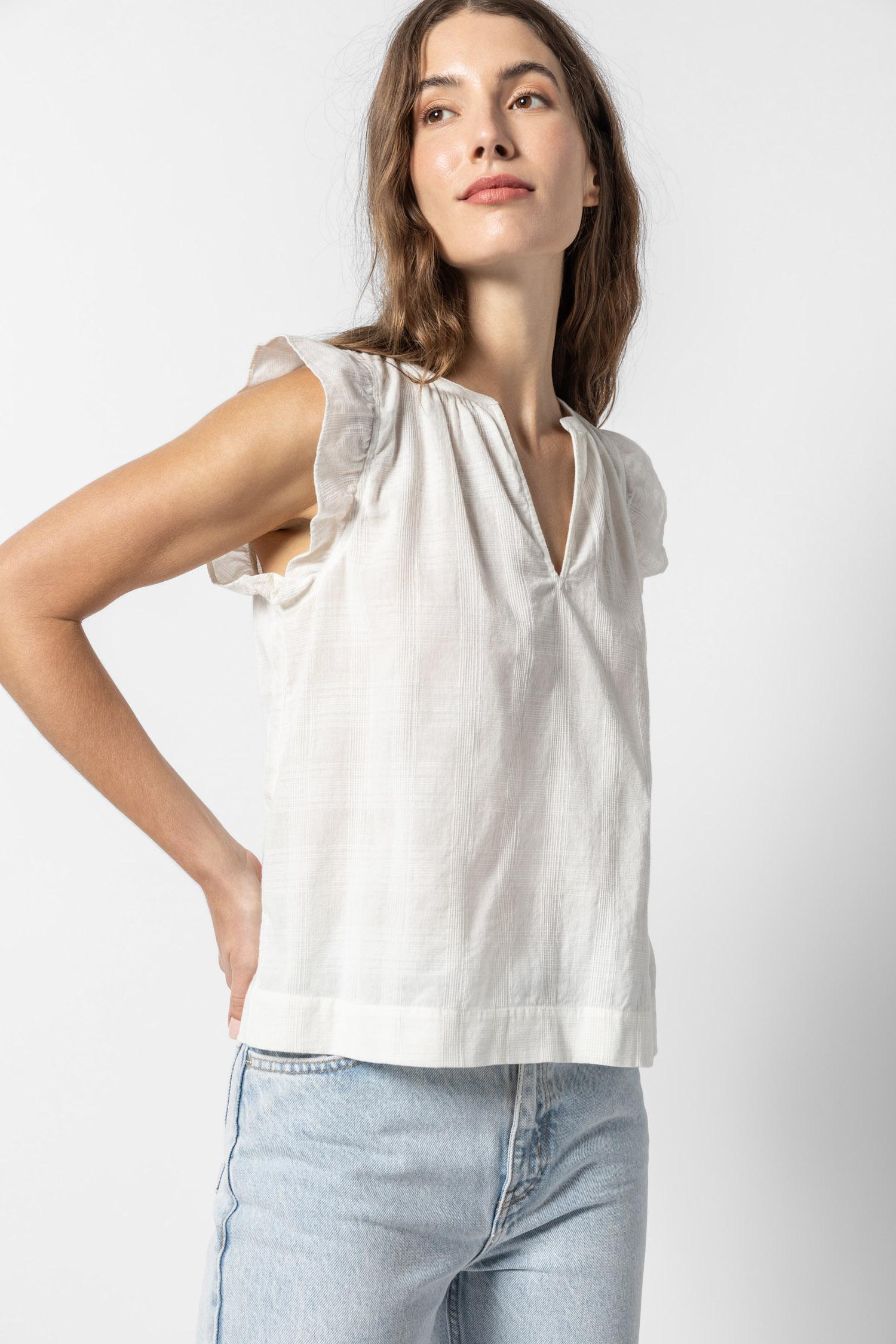 Flutter Sleeve Split Neck Womens Top White A2