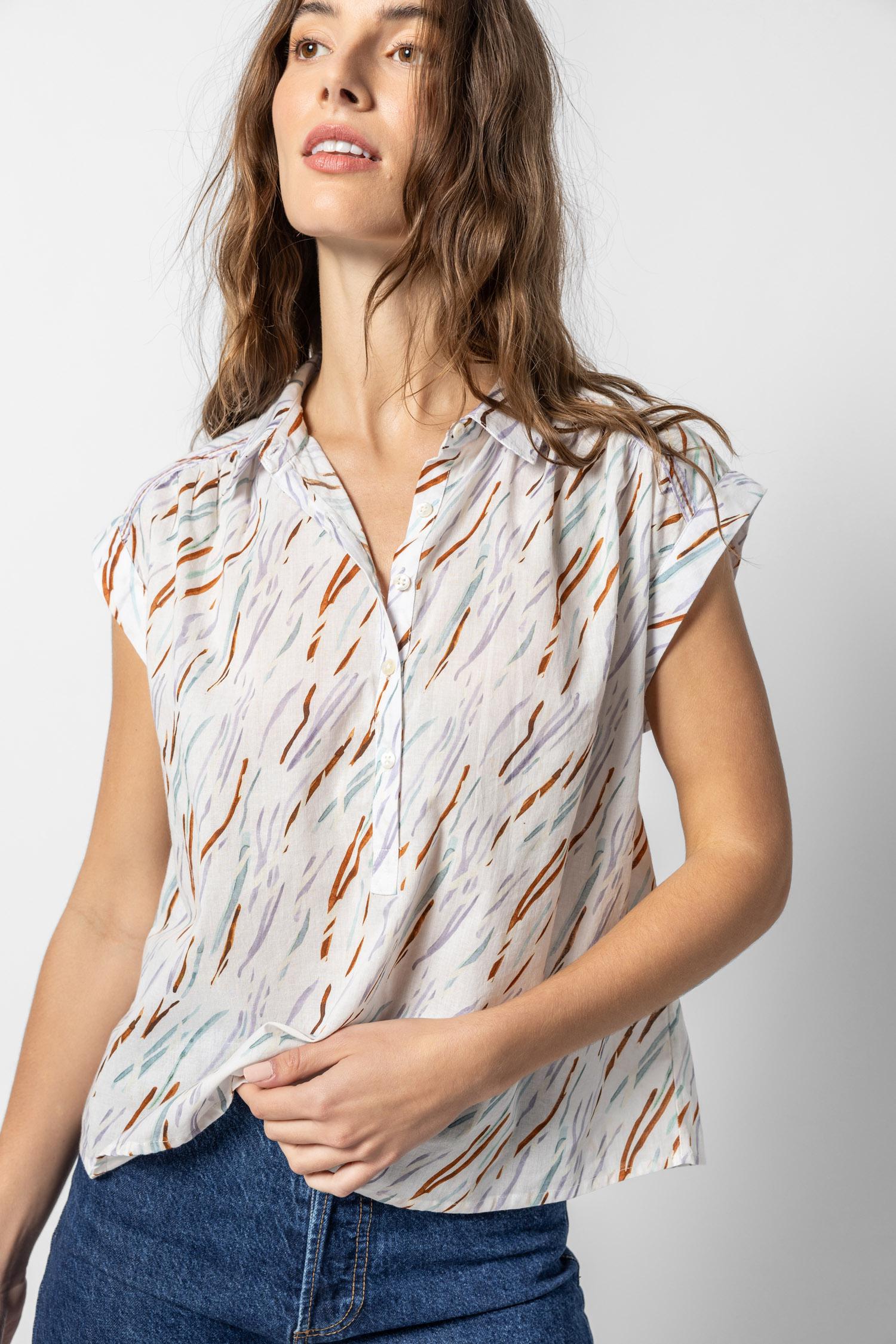 Easy Yoke Blouse Womens Top Wave Print A1