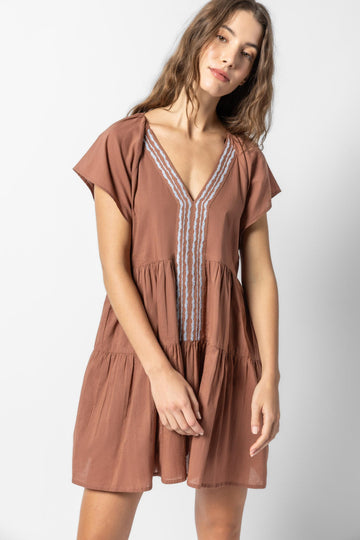 Flutter Sleeve Tiered Dress Womens Dress Burnt Sienna A1