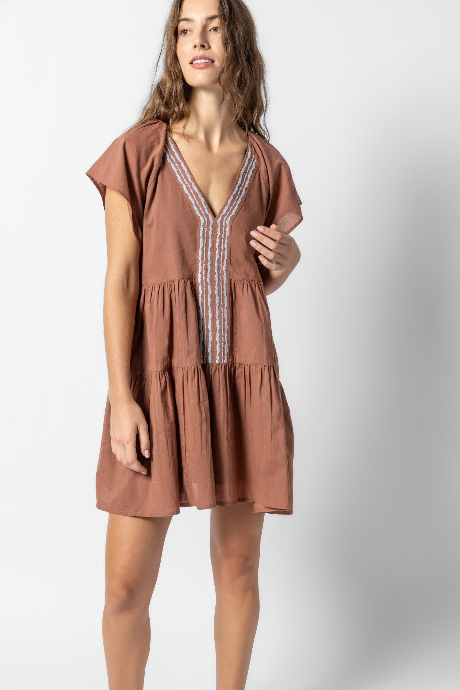 Flutter Sleeve Tiered Dress Womens Dress Burnt Sienna A3