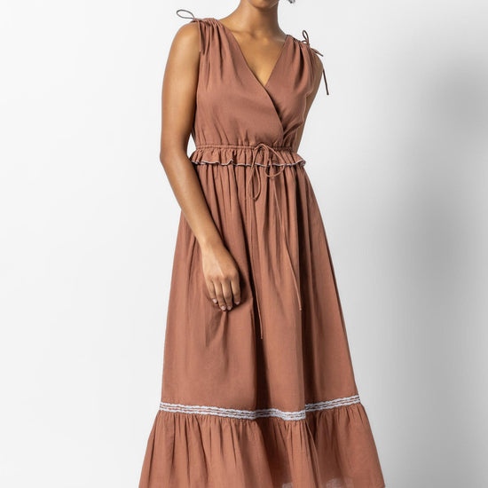 Gathered Waist V-Neck Dress Womens Dress Burnt Sienna A1