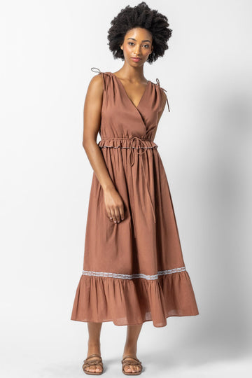 Gathered Waist V-Neck Dress Womens Dress Burnt Sienna A1