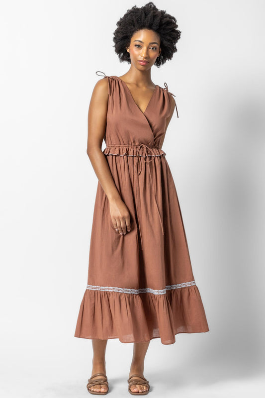 Gathered Waist V-Neck Dress Womens Dress Burnt Sienna A1