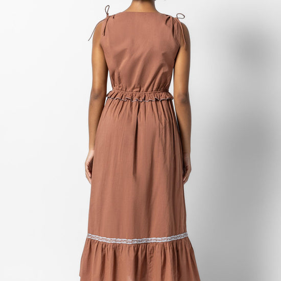 Gathered Waist V-Neck Dress Womens Dress Burnt Sienna A2