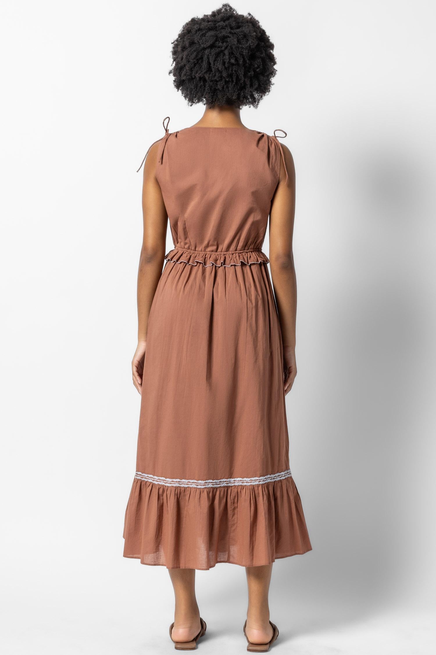 Gathered Waist V-Neck Dress Womens Dress Burnt Sienna A2