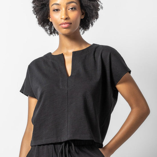 Split Neck Dolman Wedge Womens Top Black A1