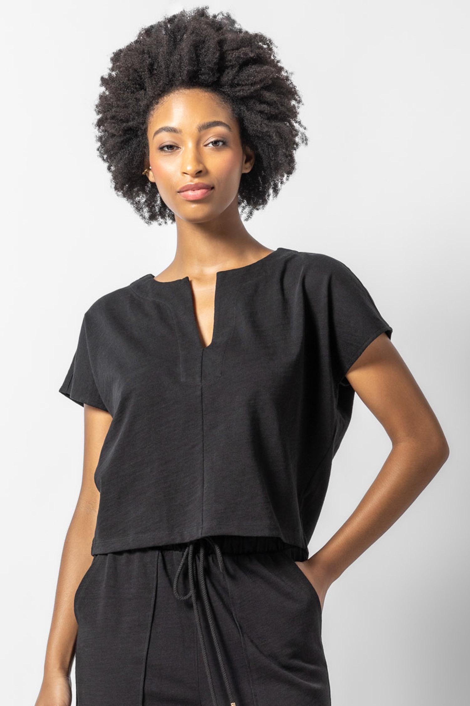 Split Neck Dolman Wedge Womens Top Black A1