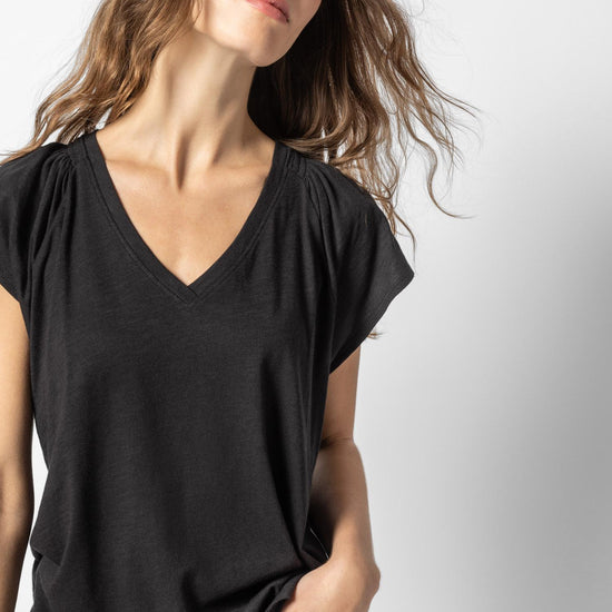 Shirred Shoulder V-Neck Womens Top Black A1