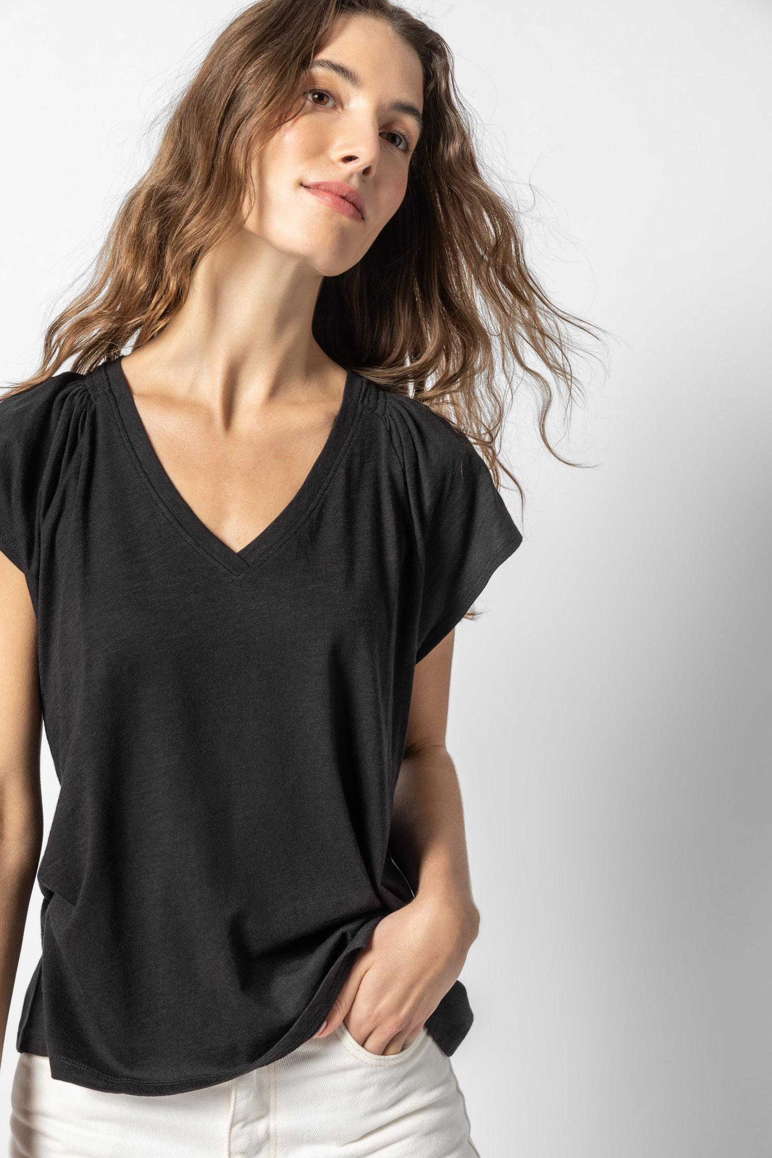 Shirred Shoulder V-Neck Womens Top Black A1