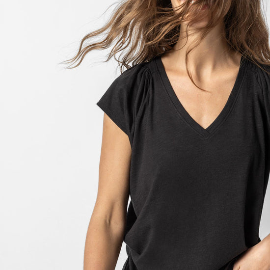 Shirred Shoulder V-Neck Womens Top Black A2