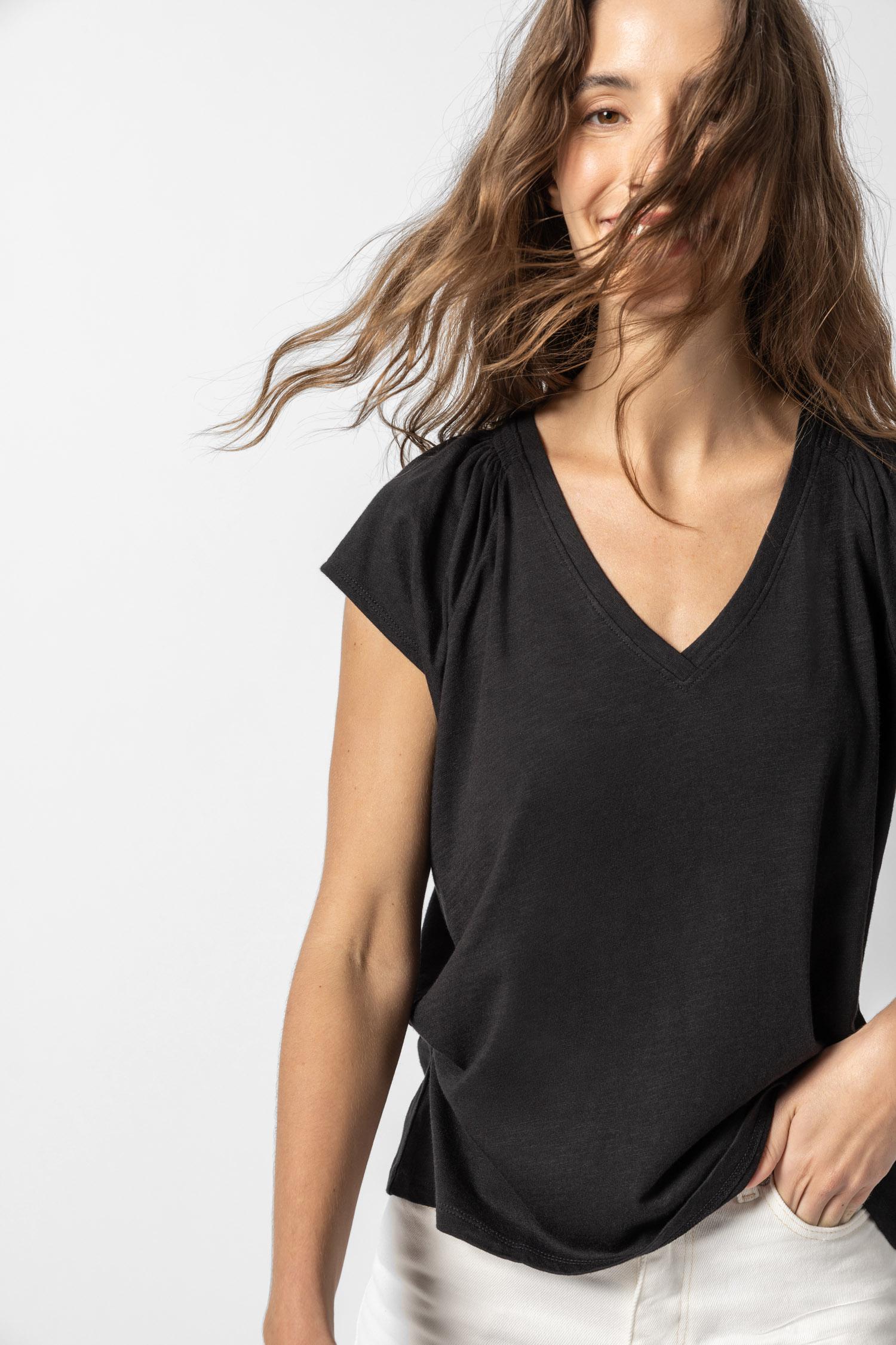 Shirred Shoulder V-Neck Womens Top Black A2