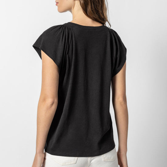 Shirred Shoulder V-Neck Womens Top Black A3