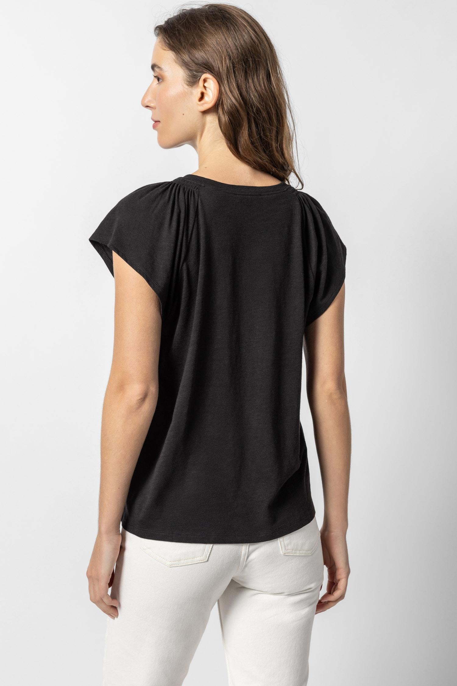 Shirred Shoulder V-Neck Womens Top Black A3