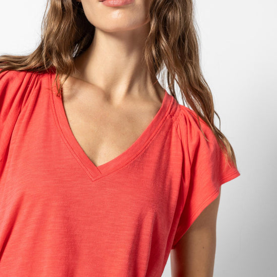 Shirred Shoulder V-Neck Womens Top Flamingo A1