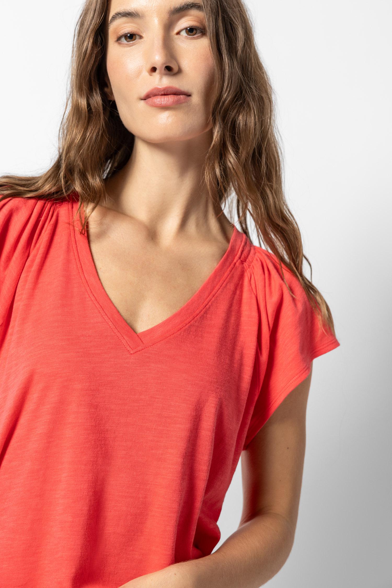 Shirred Shoulder V-Neck Womens Top Flamingo A1