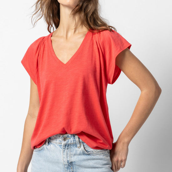 Shirred Shoulder V-Neck Womens Top Flamingo A2