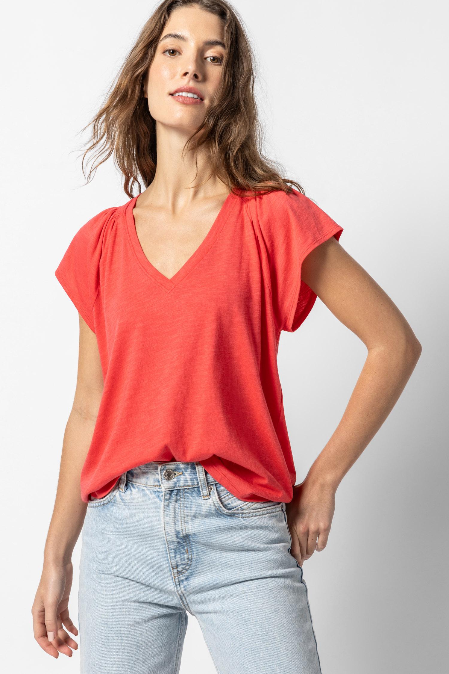 Shirred Shoulder V-Neck Womens Top Flamingo A2