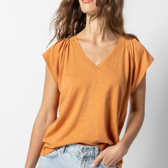 Shirred Shoulder V-Neck Womens Top Honey A1