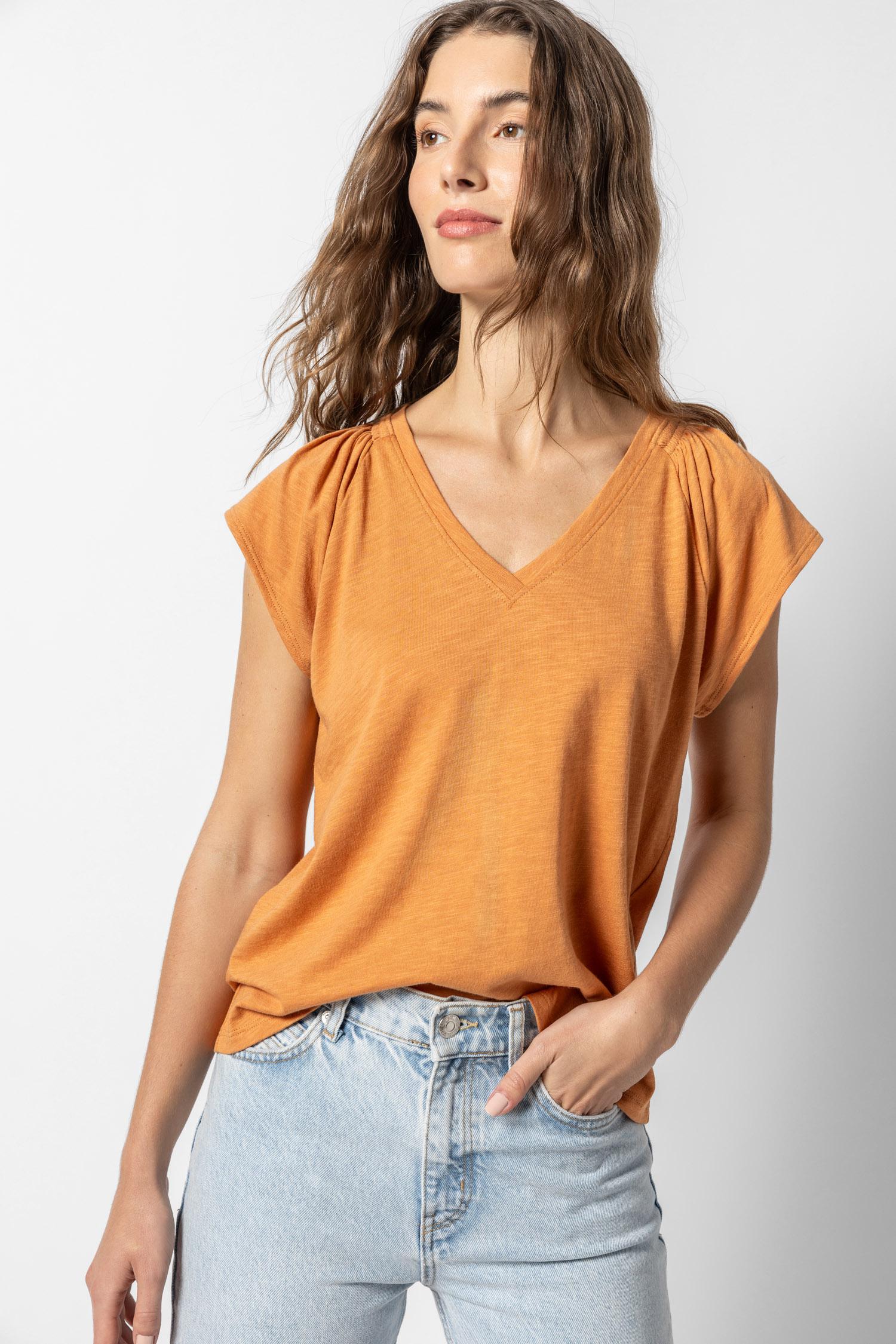 Shirred Shoulder V-Neck Womens Top Honey A1