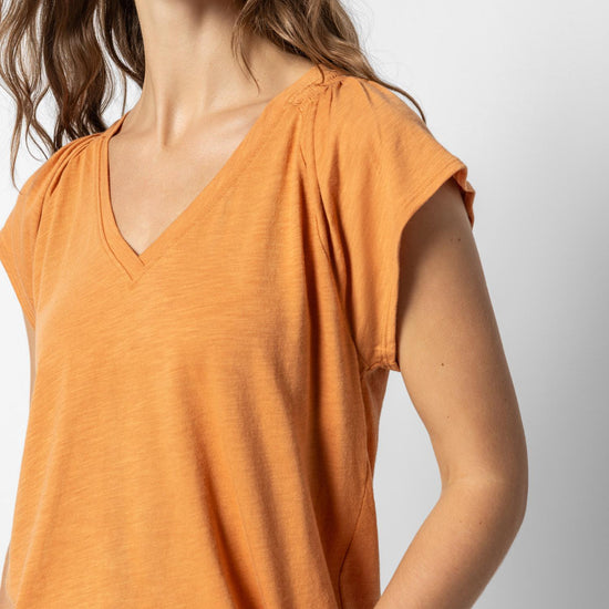 Shirred Shoulder V-Neck Womens Top Honey A2