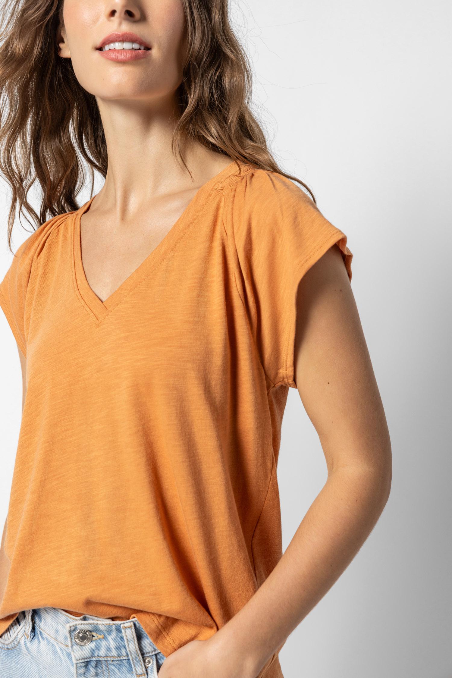 Shirred Shoulder V-Neck Womens Top Honey A2