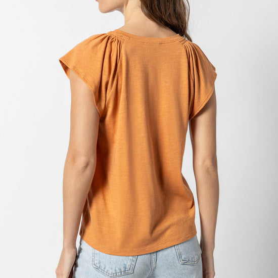 Shirred Shoulder V-Neck Womens Top Honey A4