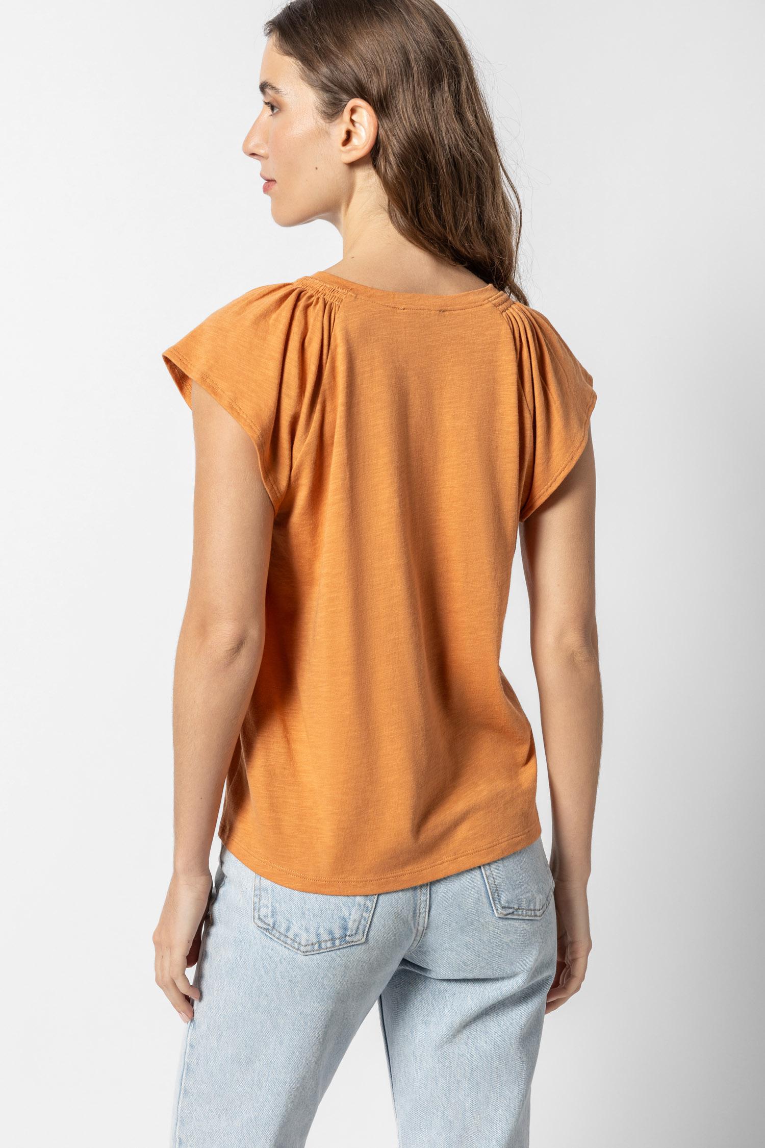 Shirred Shoulder V-Neck Womens Top Honey A4