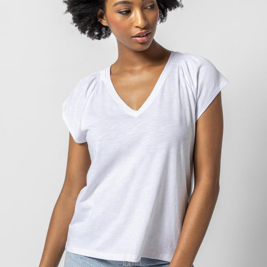 Shirred Shoulder V-Neck Womens Top White A1