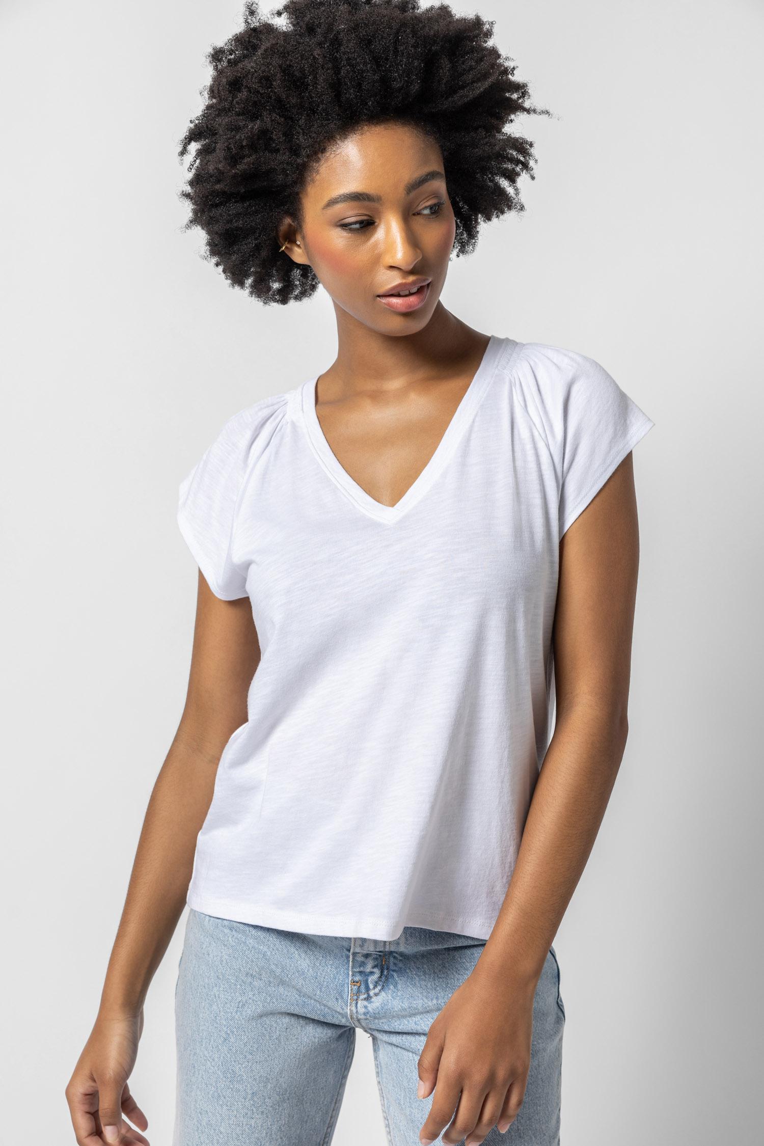 Shirred Shoulder V-Neck Womens Top White A1