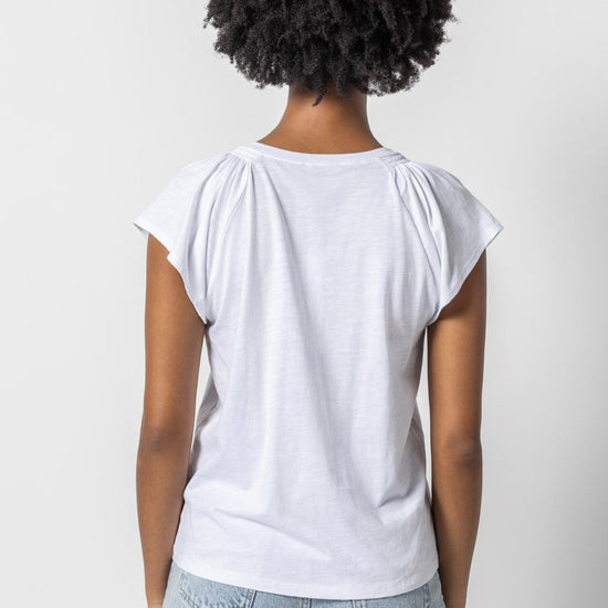 Shirred Shoulder V-Neck Womens Top White A2