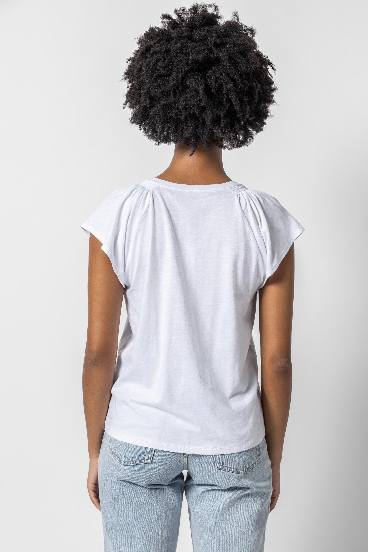 Shirred Shoulder V-Neck Womens Top White A2