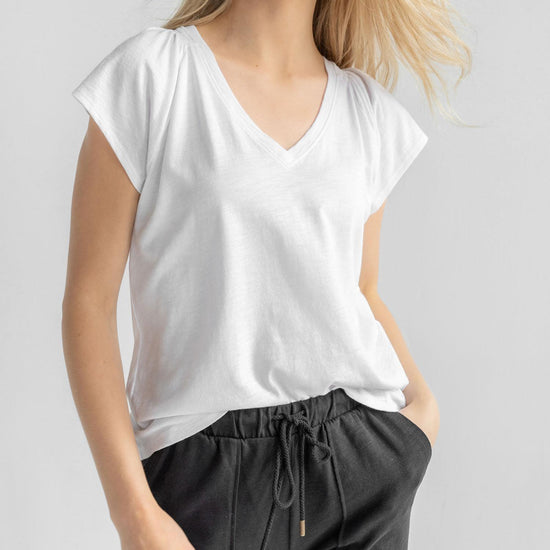 Shirred Shoulder V-Neck Womens Top White C1