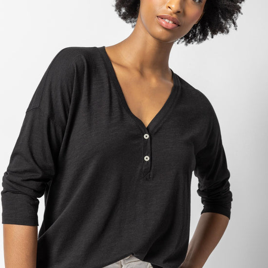 Easy V-Neck Henley Womens Top Black A1