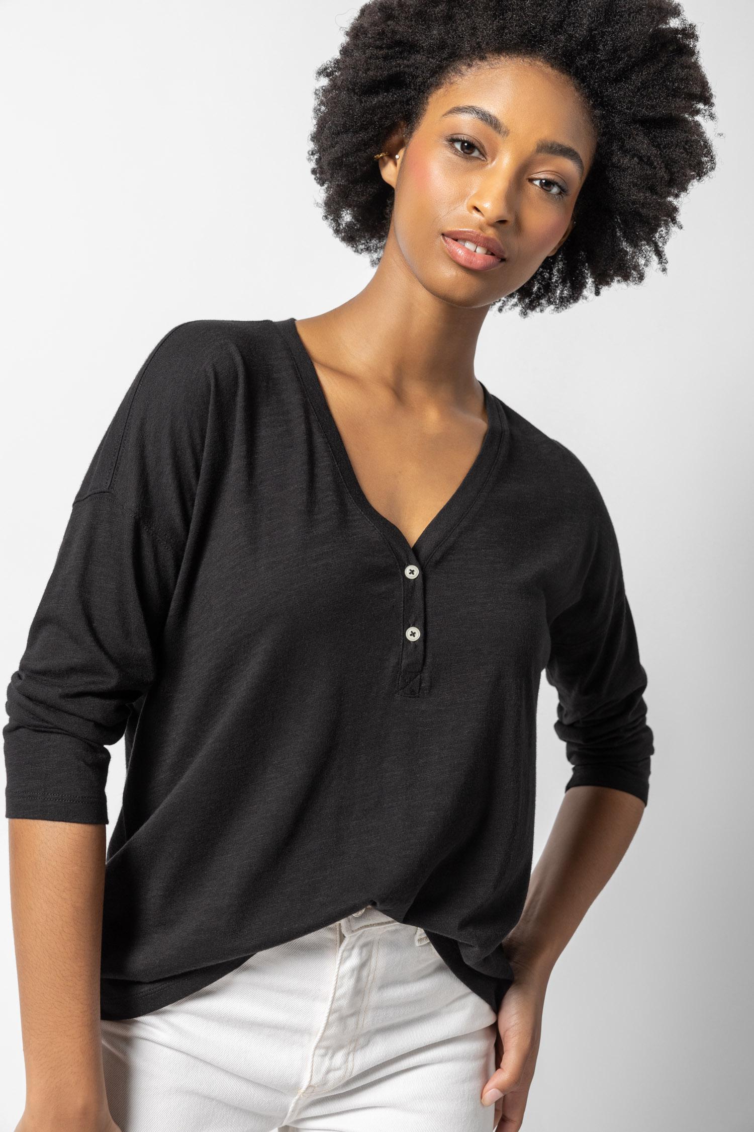 Easy V-Neck Henley Womens Top Black A1