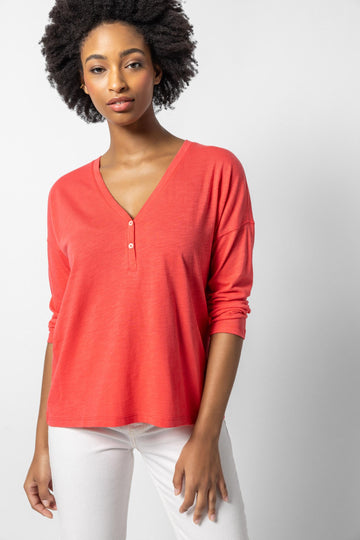 Easy V-Neck Henley Womens Top Flamingo A1