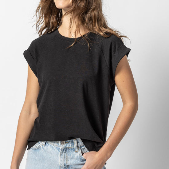 Boxy Cuffed Sleeve Crewneck Womens Top Black A1