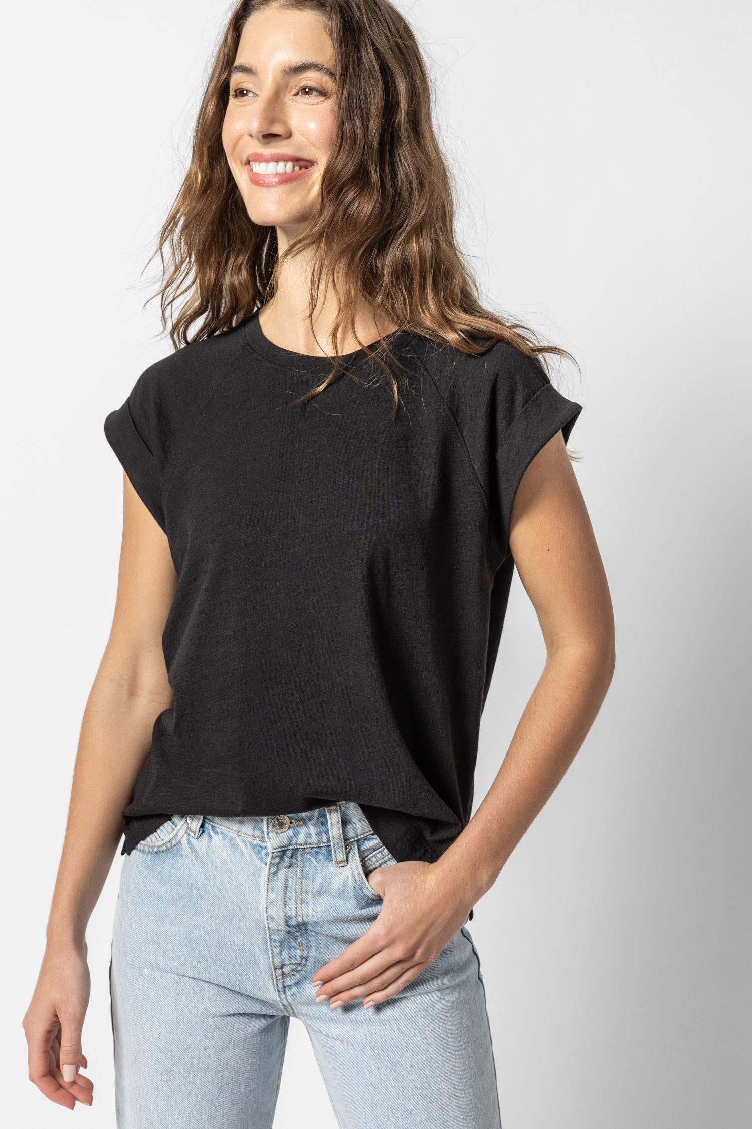 Boxy Cuffed Sleeve Crewneck Womens Top Black A1