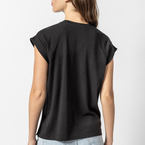 Boxy Cuffed Sleeve Crewneck Womens Top Black A2