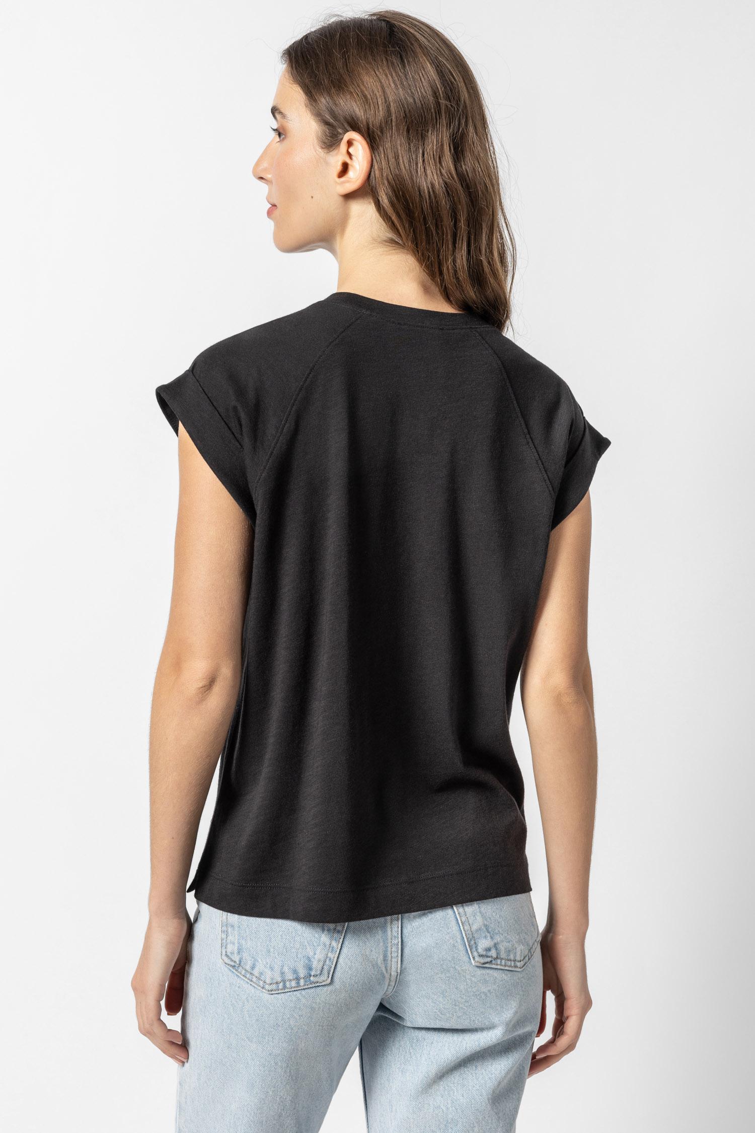 Boxy Cuffed Sleeve Crewneck Womens Top Black A2