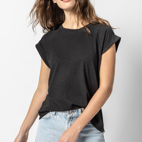 Boxy Cuffed Sleeve Crewneck Womens Top Black A3