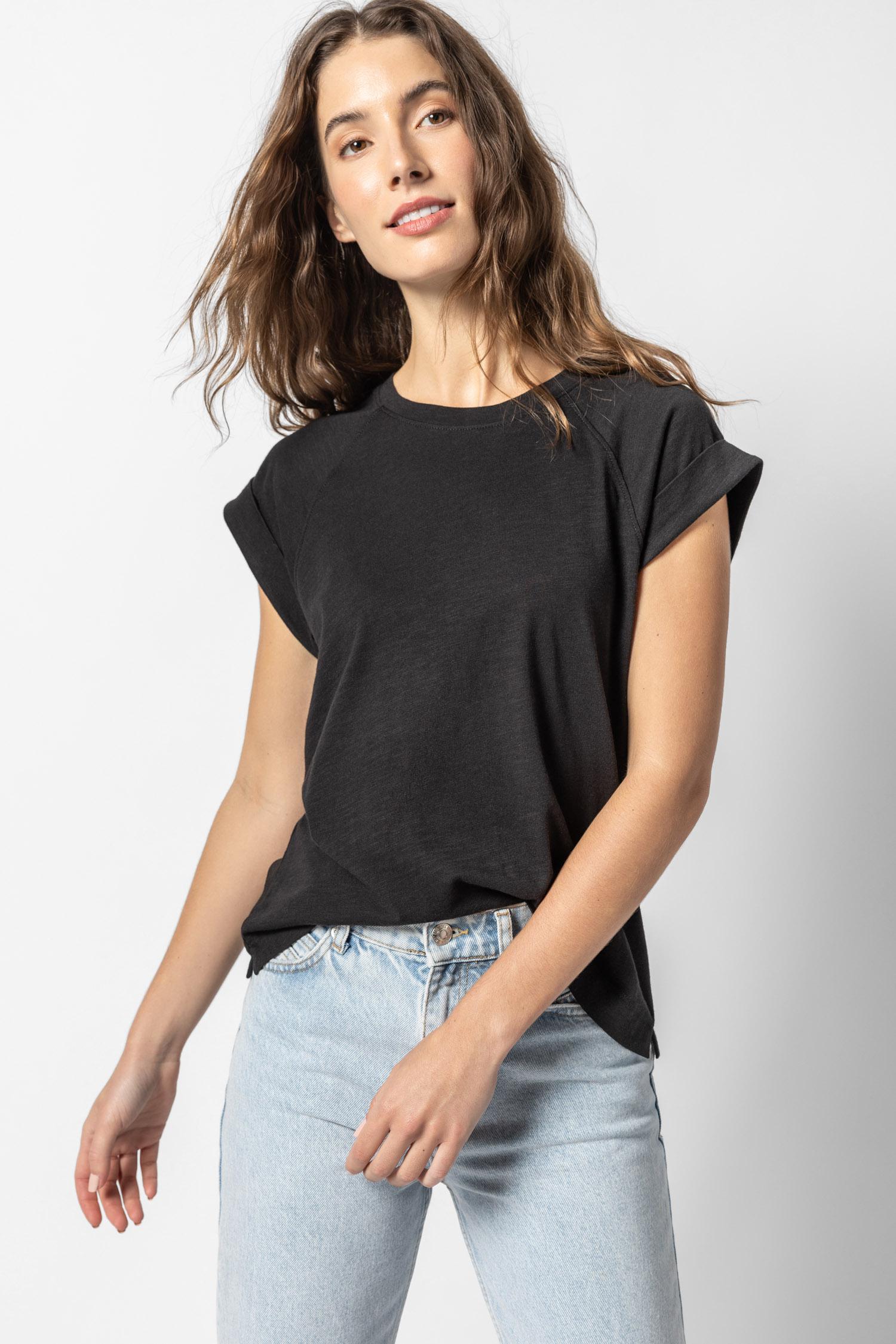 Boxy Cuffed Sleeve Crewneck Womens Top Black A3