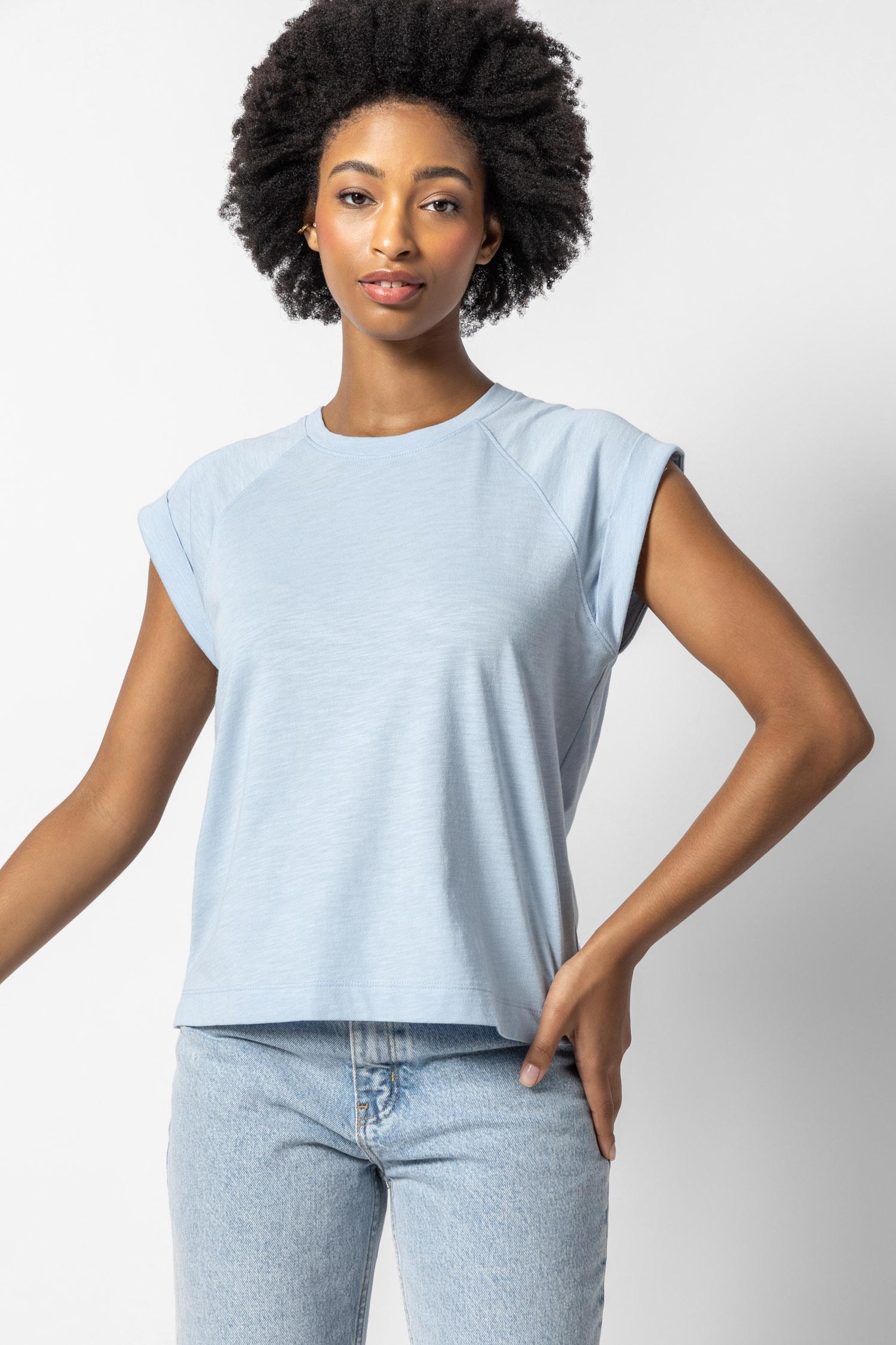 Boxy Cuffed Sleeve Crewneck Womens Top Crystal A1